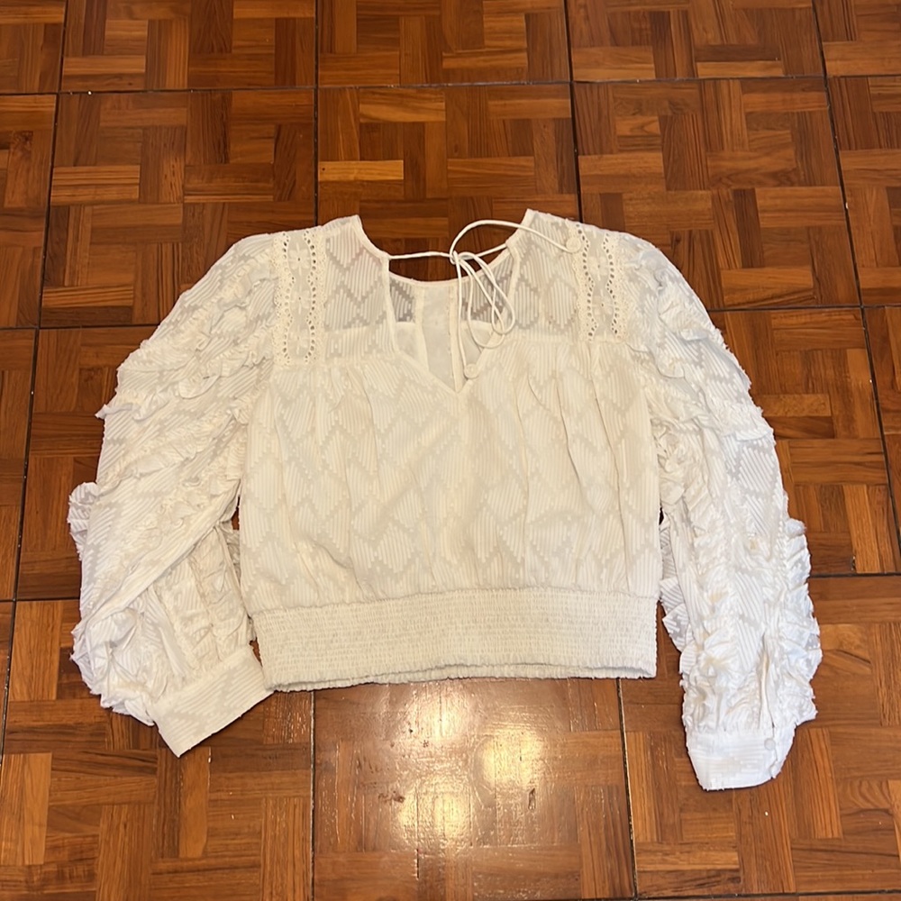 White Long Sleeve Ruffle Peasant Top sz M Anthropologie - Picture 3 of 4